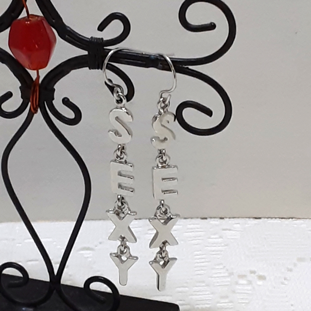 SEXY Silver Tone Dangle Earrings 2" Long Fun Fashion